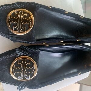Tory Burch Black Velvet Driving Moccasins Loafers with Gold Emblem